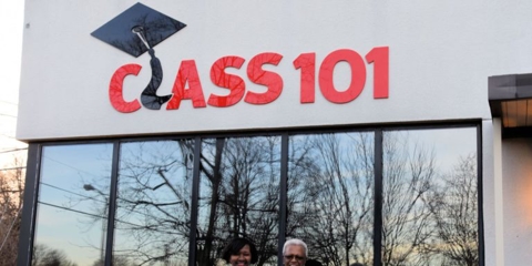 Man and woman in front of Class 101 building