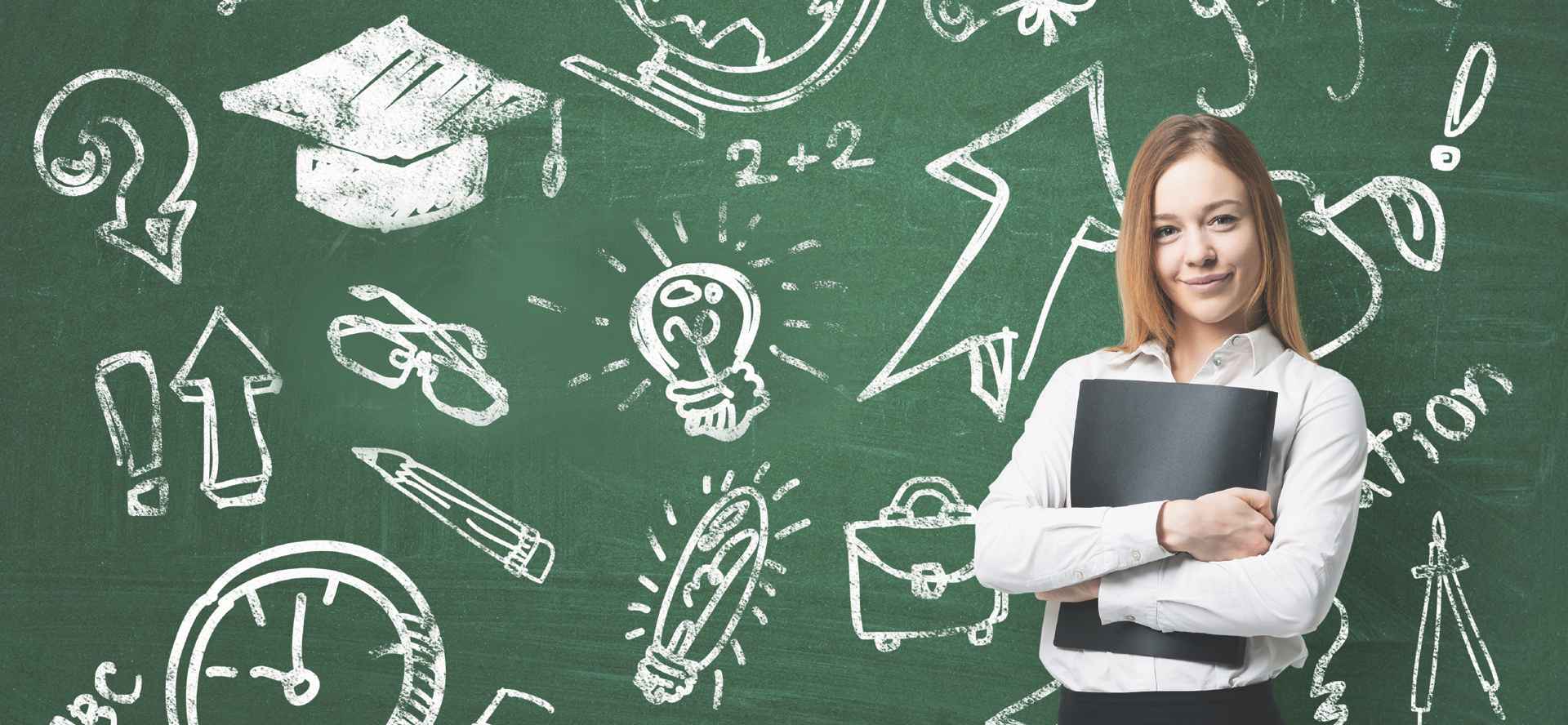 Woman in front of  blackboard